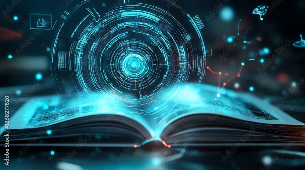 Poster open book emits a digital light with technology and data elements