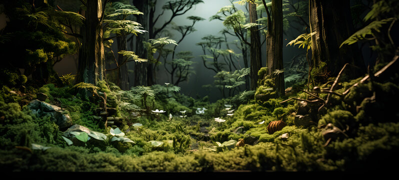 A miniature forest world model was created using delicate origami techniques to create a three-dimensional effect, Ai Generative