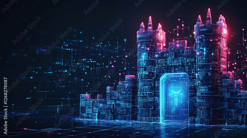Poster digital fortress with glowing neon lines and abstract shapes against a dark background