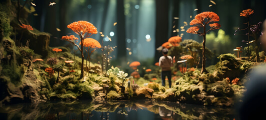 A miniature forest world model was created using delicate origami techniques to create a three-dimensional effect, Ai Generative