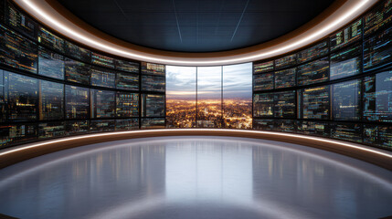 futuristic cybersecurity control room with large screens and city view