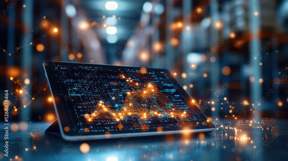 Poster laptop computer displaying glowing city map with tablet on blurred warehouse background