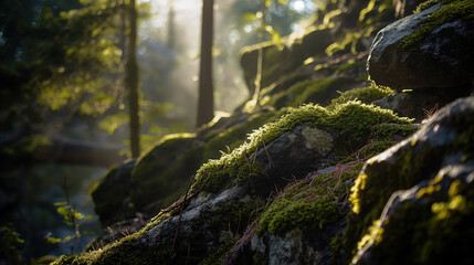 Naklejka premium Sunlight filters through trees illuminating moss-covered rocks in a serene forest setting during early morning.