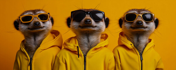 Fototapeta premium Hyper-realistic photo of meerkats wearing yellow suits and sunglasses, standing in an empty plain with an orange background.