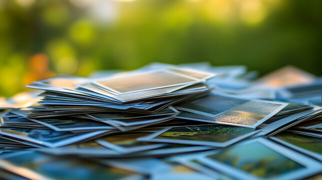 Stack of photos outdoors, nature background, memories