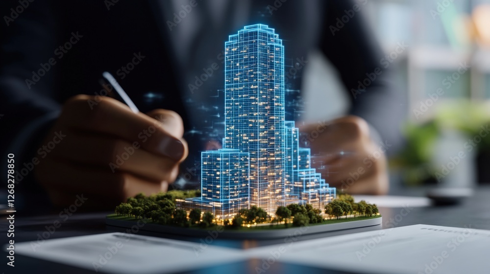 Poster man in suit drawing skyscraper model with pen and conceptual 3d render of miniature structure