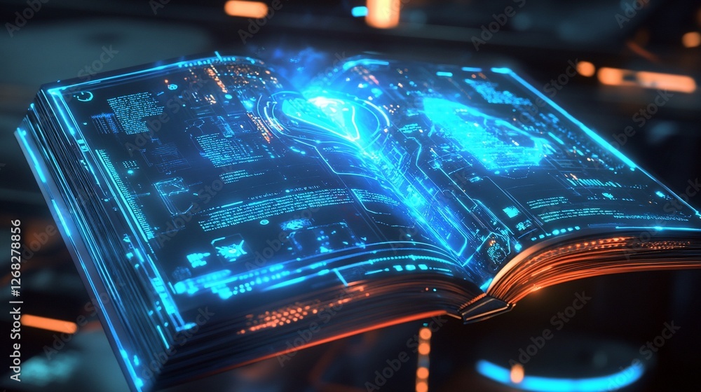 Poster glowing open book displaying digital schematics and code with an orange and blue light