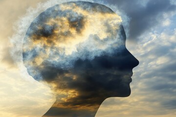Silhouette of Head with Cloudy Sky Reflection and Dreamy Atmosphere