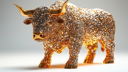 Obraz premium A sparkling bull sculpture made of gems and metallic elements.