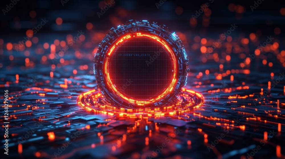 Poster red circle surrounded by glowing lights in a futuristic abstract 3d animation design