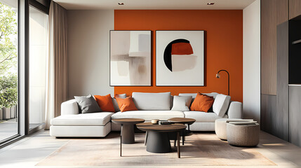 Modern apartment living room with geometric wall art, showcasing orange accents and large window. Living Shadow Constructs. Illustration