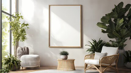 Modern living room interior with velvet armchair, wicker chairs, plants, and blank artwork. Living Shadow Constructs. Illustration
