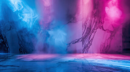 Fototapeta premium Colorful smoke and light effects create a vibrant atmosphere in a marble-inspired setting for an event or performance