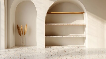 Sunlit room, arched niches, shelves, pampas grass, terrazzo floor, interior design mockup