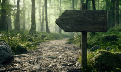 A serene forest pathway with a wooden directional sign amidst lush greenery and soft sunlight