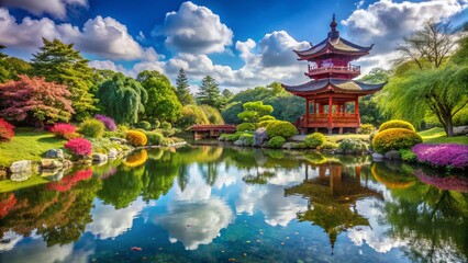 Naklejka premium Serene Garden Pond with Pagoda, Blue Sky, Clouds - Stock Photo