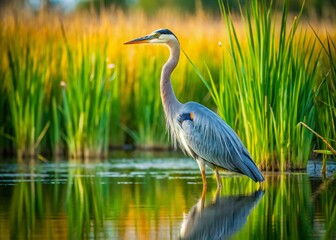 Serene Great Blue Heron in Tranquil Wetland - Minimalist Nature Photography