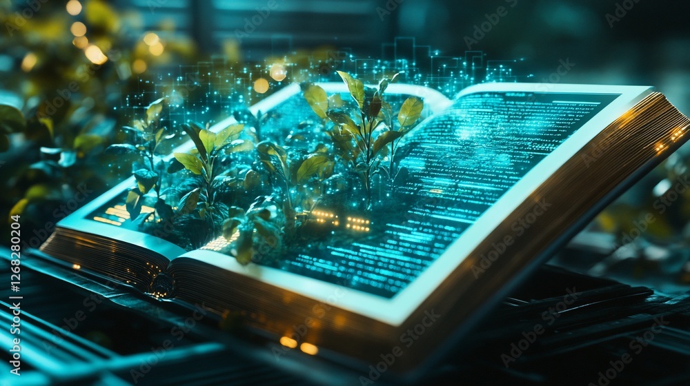 Aufkleber an open book with digital code and plants growing inside showing a fusion of nature and technology