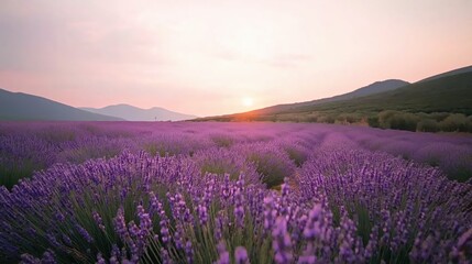 Sunset Over a Flower Field in the Mountains. The field is vivid purple. The warm light makes the lan