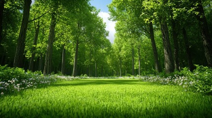 Fototapeta premium Green grassy path between tall trees leads to the sky