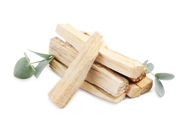 Palo santo sticks and eucalyptus leaves isolated on white