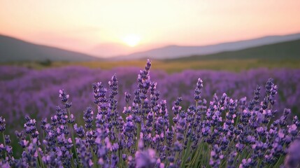 Purple Flower Field at Sunset with Mountain Backgrounds ..Keywords .lavender,.sunset,.field,.purple,