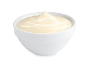 Tasty mayonnaise sauce in bowl isolated on white