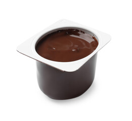 Delicious chocolate yogurt in plastic cup isolated on white