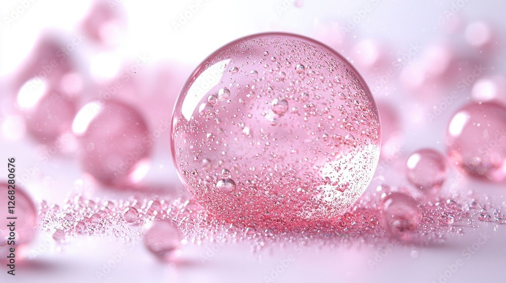 Poster close-up of pink bubbles with sparkling details on a soft background.