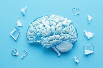 Creative Concept of Brain with Ice Crystals on Blue Background