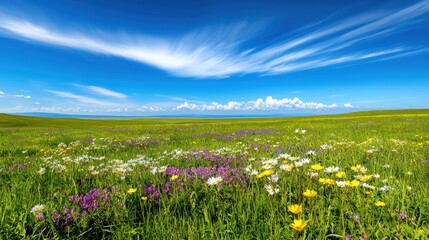 A vibrant meadow full of colorful flowers stretches under a bright sky
