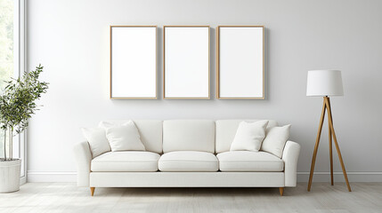 minimalist living space with white sofa, floor lamp, and empty frames