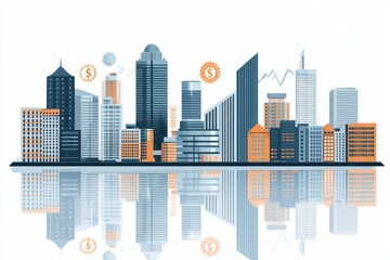 Obraz premium Modern City Skyline with Financial Symbols and Reflection Effect