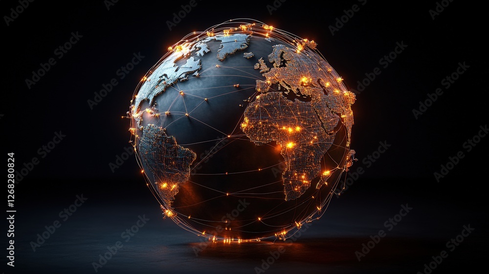 Poster digital globe with illuminated network and trade routes representing global connectivity and communi