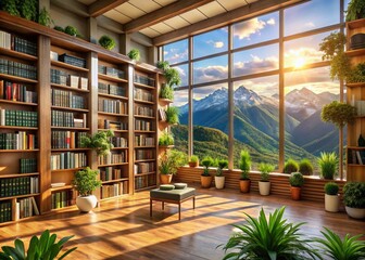 Serene Mountain View Library: Bokeh Photography of Plants & Wooden Bookshelves