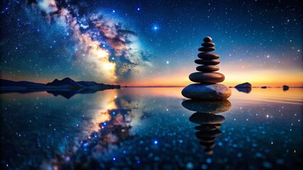 Obraz premium Serene Night: Balanced Pyramid Stones in Calm Water - Peaceful Night Scene Stock Photo