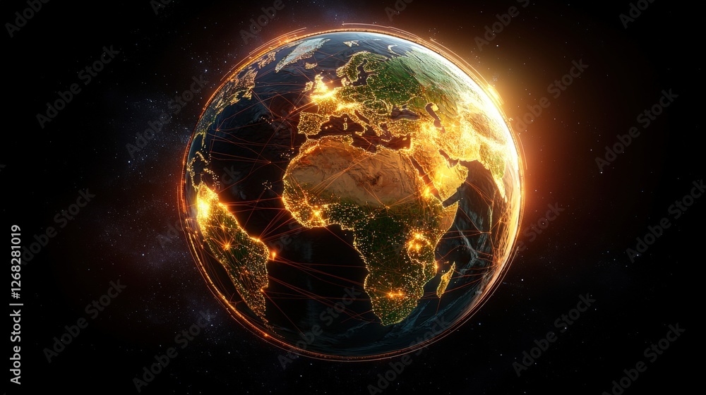 Poster digital globe with network of lights and connected trade routes representing globalization and conne