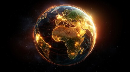 Digital globe with network of lights and connected trade routes representing globalization and connectivity