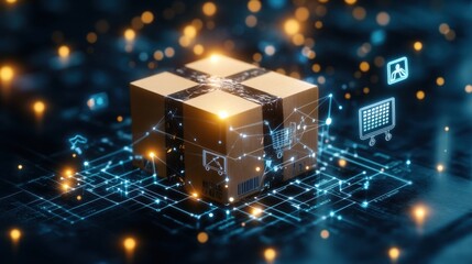 Box with circuit board on ground representing distribution and logistics of global digital technology