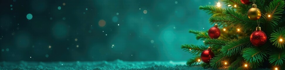 Naklejka premium Green Christmas tree with sparkling ornaments under a starry night sky, sparkles, evergreen, holiday decor