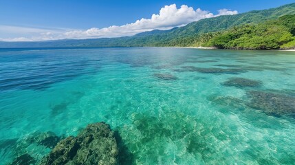 Obraz premium Vibrant Blue Tropical Beach Scene with Lush Vegetation
