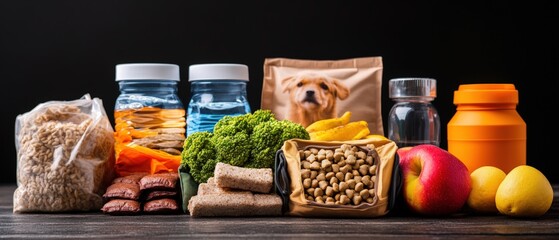 Variety of food items alongside pet evacuation kit on a table in a well-lit environment