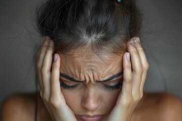 Fototapeta premium Emotional Stress and Anxiety Expression in Portrait of Young Woman with Hands on Head, Causing Frustration and Deep Contemplation in Close-Up Photography