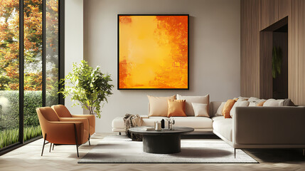 Abstract art in warm yellows and oranges hangs above a modern living room setup. Living Shadow Constructs. Illustration