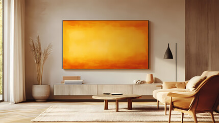 Abstract art in warm yellows and oranges hangs above a modern living room setup. Living Shadow Constructs. Illustration