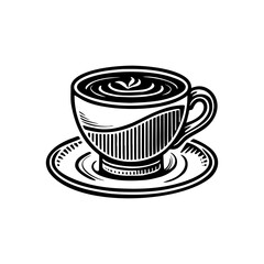 Coffee cup steaming on a saucer with artistic latte art in a cozy cafe setting