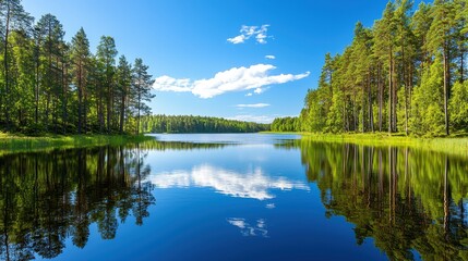 Serene Lake Surrounded By Lush Green Pine Trees