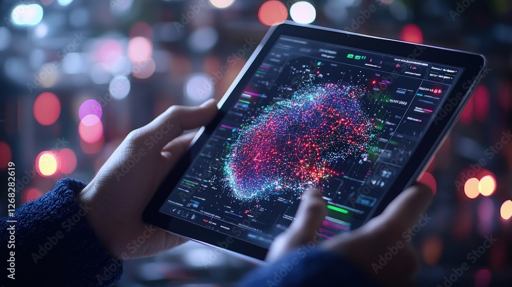 Poster person using tablet to view map while engineer checks data on monitor in modern workspace