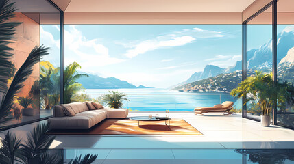 Building exterior luxury of living room with sea view by generative ai illustration. Living Shadow Constructs. Illustration
