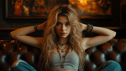 Naklejka premium A woman with long, wavy blonde hair sits on a leather couch, wearing layered necklaces and bracelets, with a confident gaze and a warm, moody background featuring paintings.